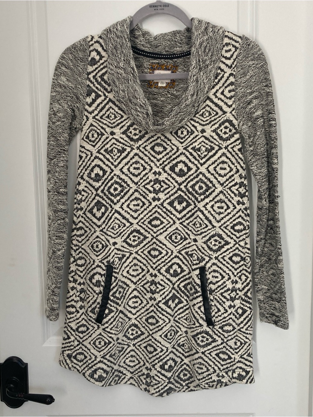 Cozy Geometric Cowl Neck Sweater Dress in Black & White